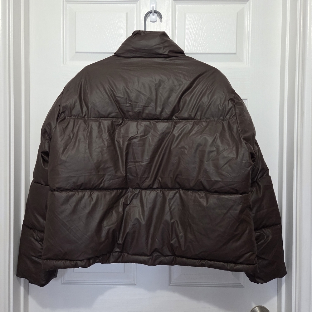 Express Women Brown Vegan Leather Cropped Puffer Jacket Size XL - Picture 9 of 15
